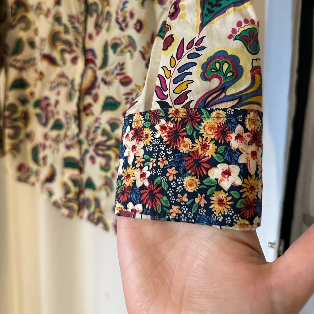 Talbots 100% Cotton Multicolored Paisley Button Up Shirt With Floral Details
